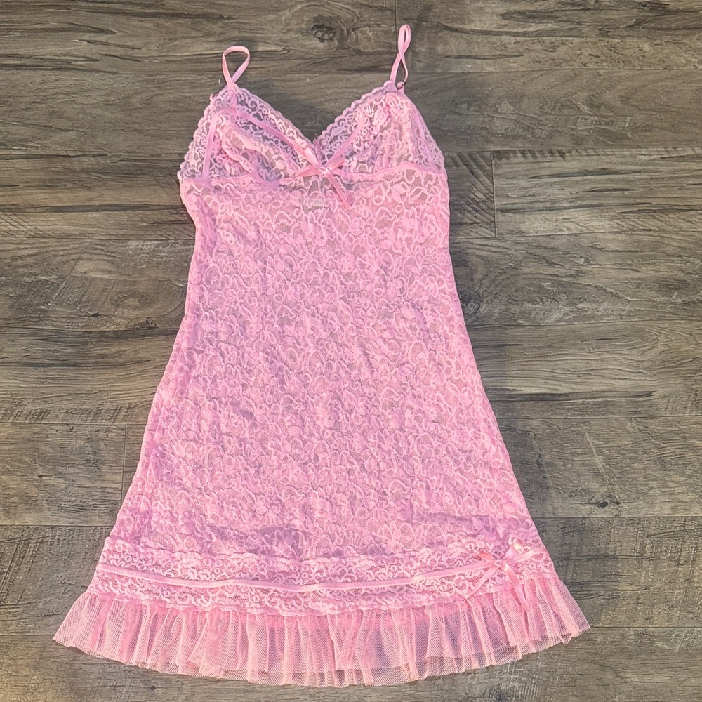 Victoria's Secret Pink Lace Chemise with Ruffle Hem and Bows - Size S